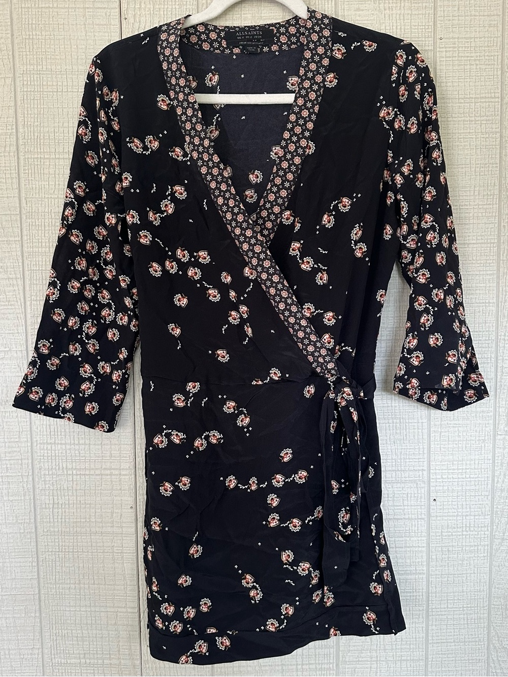 AllSaints Alva Fraise 100% Silk Wrap Kimono Dress Italy US 2